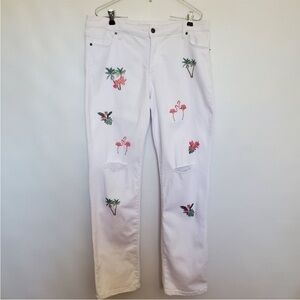 Standard Grace White Straight Leg Embroidered Jeans Flamingo Palm Trees sz 12